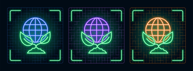 Eco friendly globe preservation icon illustration, ecology green environment vector symbol collection, cyber neon visual, glowing borders frames.