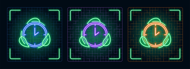 Eco preservation time symbol icon illustration, ecology green environment vector symbol collection, cyber neon visual, glowing borders frames.