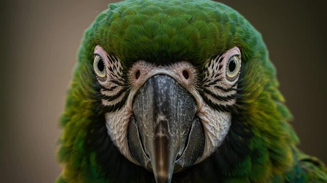 Close-up shot of a green parrot with both eyes facing forward, creating a powerful and captivating gaze. Fine details in feathers and beak structure enhance the visual impact.