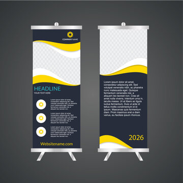 A customizable rollup and standee banner mockup template against a plain backdrop, suitable for professional design presentations and outdoor