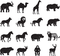 Wild Animal Silhouette Vector Collection Isolated on White Background