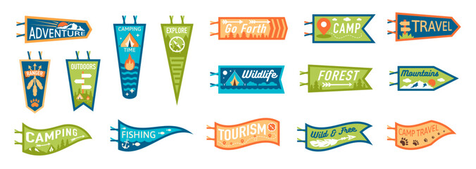 Colorful adventure and camping themed banners with text and icons © 4zevar