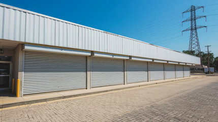 Storefront with closed shutters on a sunny day near power lines