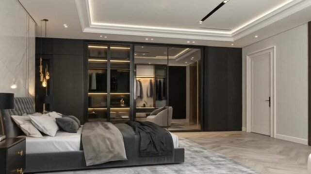 Luxurious bedroom interior with modern design, elegant furniture, and a stunning walk-in closet, showcasing high-end lifestyle