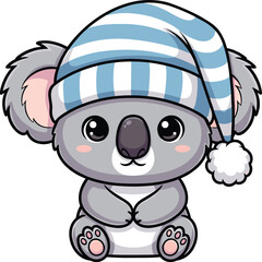 Adorable cartoon koala wearing a striped blue and white sleeping cap with a pompom vector illustration