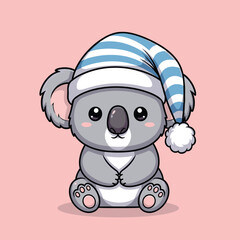 Adorable cartoon koala wearing a striped blue and white sleeping cap with a pompom vector illustration