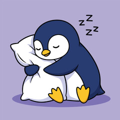 Obraz premium Adorable cartoon penguin peacefully sleeping and hugging a fluffy white pillow vector illustration