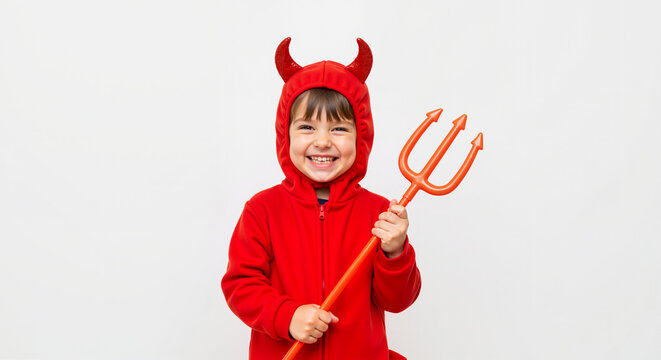 Adorable Little Child Dressed in a Red Devil Costume Holding a Pitchfork on Halloween Day Against an Isolated White Background