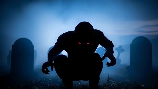 Man turning into monster with glowing red eyes in a foggy graveyard at night, horror transformation footage.
