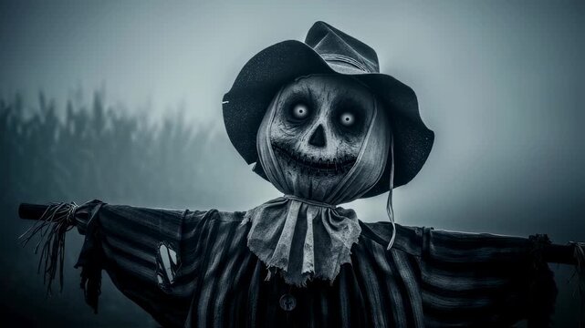 Scary Halloween scarecrow with glowing eyes in a foggy field, a horror monster with a evil grin for spooky footage.