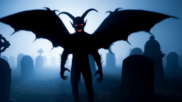 Dark monster demon with red eyes and wings appearing in foggy graveyard cemetery. Horror Halloween scary character footage.