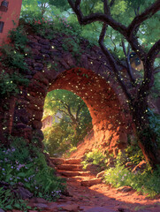 Obraz premium A stone archway surrounded by lush greenery and a winding path.