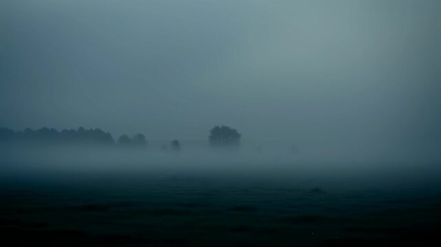 Misty field with scattered trees and forest on the horizon at different times of day, creating spooky spooky atmosphere footage.