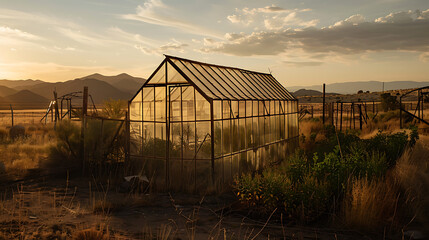 Golden hour illuminates rustic greenhouse structure in arid landscape with distant mountains