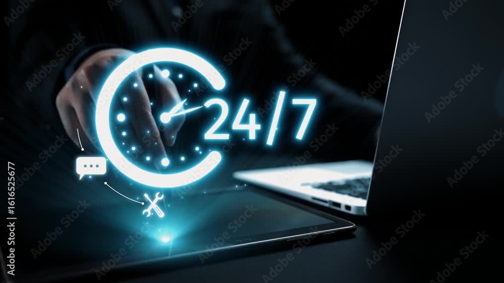 Poster this image showcases a person interacting with a laptop, featuring a glowing 24 hour clock. it repre