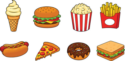 Cartoon fast food collection, hamburger, hotdog, pizza slice, fries, sandwich, donut, popcorn, ice cream cone, colorful snack icons