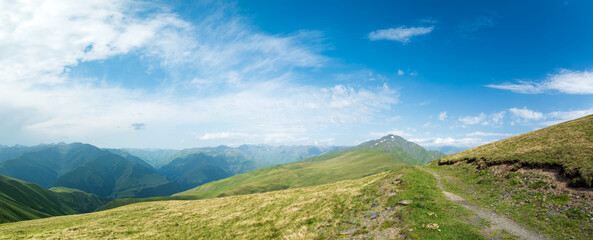 Fototapeta premium Tusheti panorama landscape for hiking at Nakaicho Pass Georgia