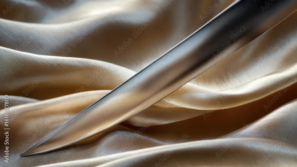 Poster A close-up view of a knife lying on a cloth, suitable for use in scenes where props are needed