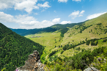 Diklo view from Diklo Fortress in Tusheti. Hiking landscape in Tusheti Georgia