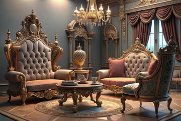 Luxury victorian living room interior design with ornate furniture and chandelier for elegant home decor