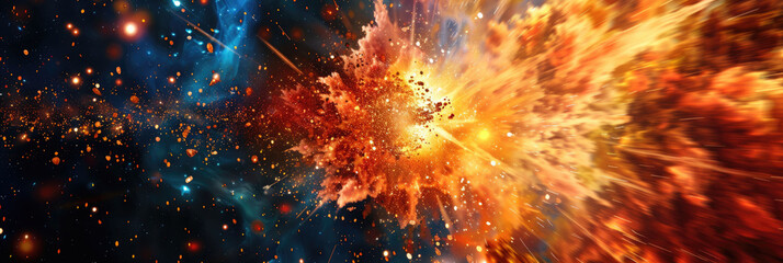 A fiery cosmic explosion spreading through the vast darkness of space, surrounded by glowing stars and nebulous clouds