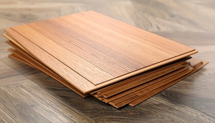 Stacked wooden flooring planks on a hardwood floor