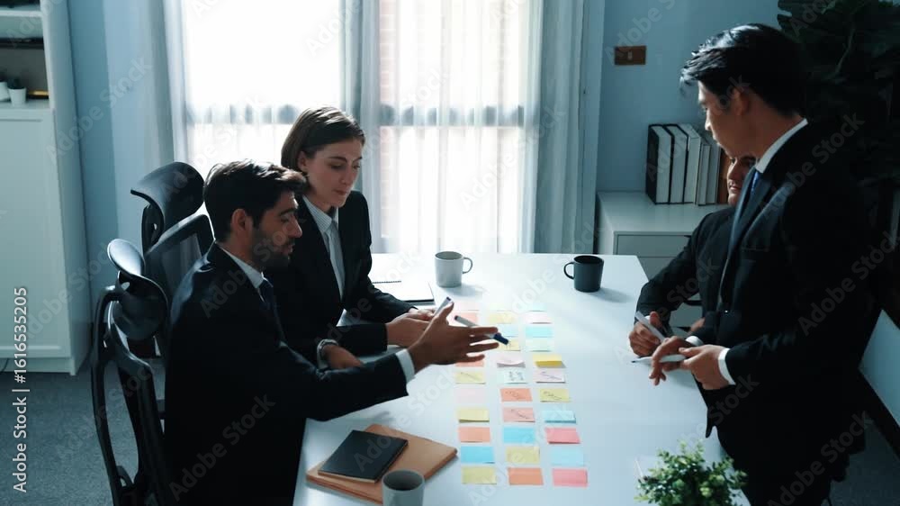 Aufkleber top view of business team discuss about marketing strategy while smart manager enter meeting and tal
