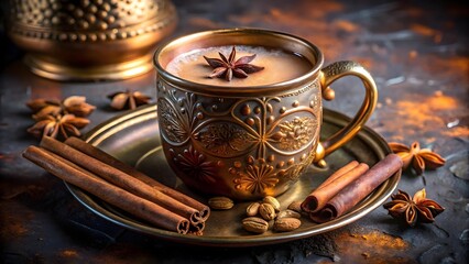 Fototapeta premium A steaming cup of spiced chai tea with cinnamon and star anise