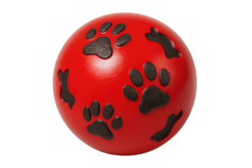 3d rendering of a red ball with paw prints and dog silhouettes, isolated on transparent background, perfect for pet-related projects