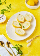 Dessert, lemon posset or citrus mousse in lemon peel halves decorated with lemon zest and mint on a white oval dish on a yellow background. Citrus desserts.