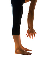 Flexible Young Woman Stretching Down To Touch Toes In Yoga Pose Isolated On PNG Background.