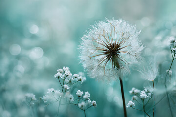 A delicate dandelion seed head with soft white puffs against a blurred teal background
