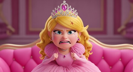 Fototapeta premium A comically angry 3D animated princess in her pink royal room, scowling with a frustrated expression and clenching her fists.