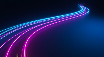 Neon light trails on a dark futuristic background with vibrant curved motion