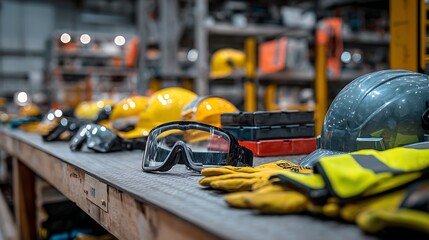 Fototapeta premium Safety Gear on Workshop Bench: Hard Hats, Gloves, and Goggles