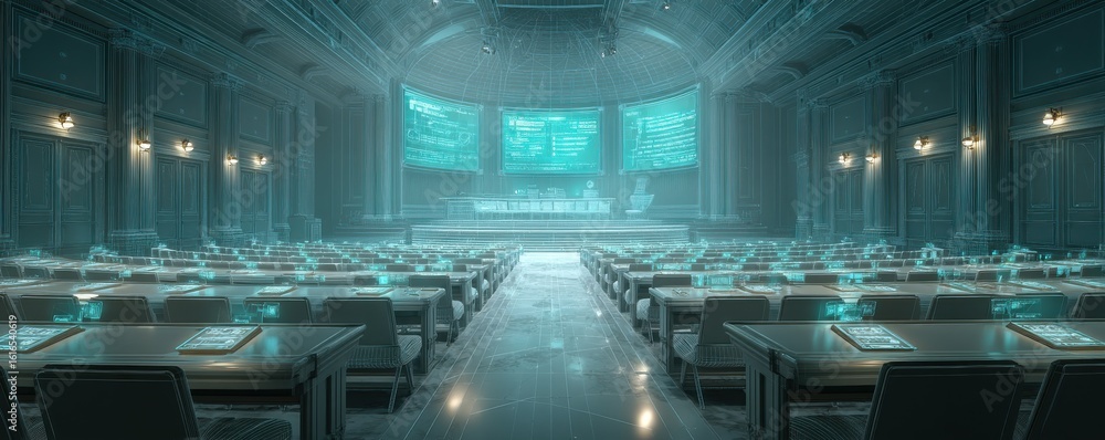 Poster futuristic university lecture hall with advanced holographic displays and sleek design