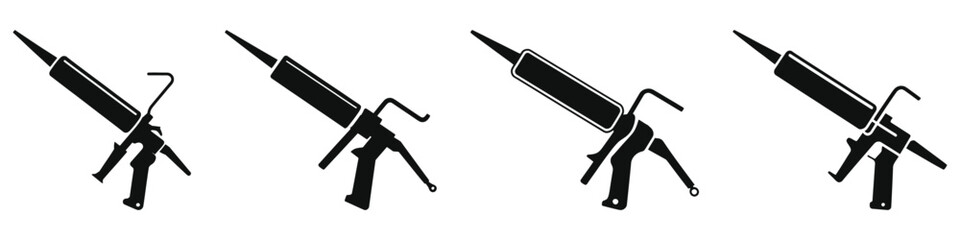 Set of Caulking Gun Silhouettes Vector Illustration – Black and White Construction Tool Icons, Sealant Applicator, Home Improvement, Repair, DIY, Industrial Equipment, Isolated Clipart for Design