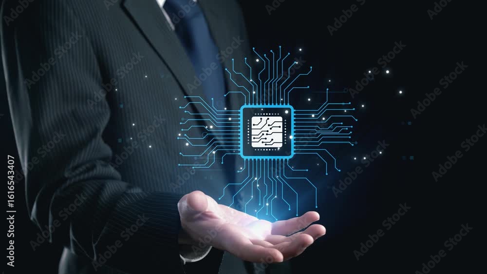 Poster a businessman demonstrates modern technology by holding a digital microchip, symbolizing innovation 