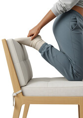 Casual Home Fitness Enthusiast Stretching Leg On Chair In Cozy Sweatpants And Socks Isolated On PNG Background.