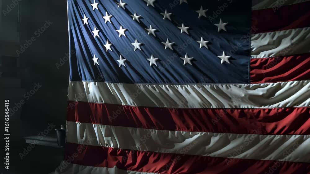Poster light filters through windows illuminating a large american flag in an empty warehouse setting durin