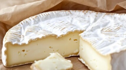 A slice is missing from this piece of cheese, useful for food or snack related concepts