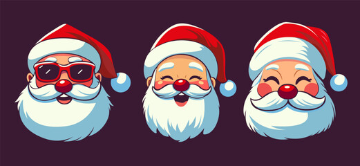 Set of Santa Claus head. Santa faces collection. Cute funny Santa Claus head for Christmas card, banner, label, poster design. Christmas Santa Claus face. Santa smile Logo. Christmas cartoon character