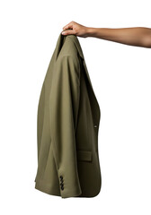 Professional Extended Arm Gripping Premium Olive Green Business Blazer By The Collar Isolated On PNG Background.