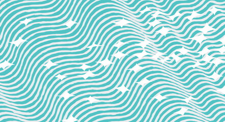 Obraz premium Hand drawn brush line abstract waves and water pattern overlaid with scattered white starbursts. Japanese style dynamic and playful graphic for textiles, and contemporary design.