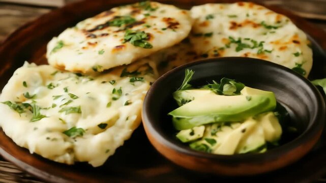 Close up of flatbread and avocado salad on a rustic wooden plate, capturing warm tones, and vibrant green parsley for an inviting food presentation.