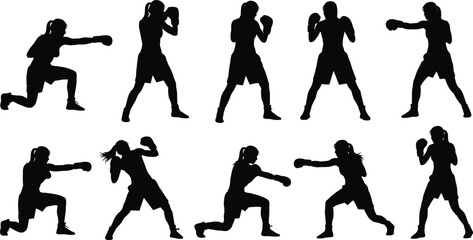 Female boxer silhouette vector set in fighting stance, punching action poses, woman boxing clipart for fitness, sports, self-defense, martial arts, workout design