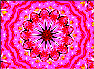 A vibrant mandala design radiates outward with symmetrical patterns in shades of pink, red, and yellow. The intricate, kaleidoscopic arrangement creates a sense of depth and motion.