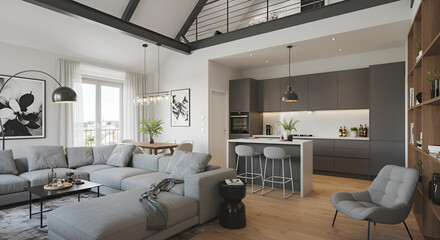 3d rendering. Interior house modern open living space with kitchen.Loft style Duplex apartment residence.Home decoration luxury  interior design.