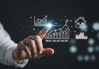 A man presents a transparent screen displaying digital investment icons representing financial growth and technological innovation