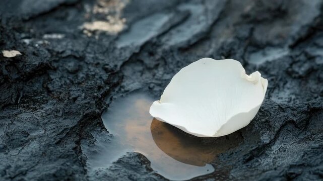 A single white shell sits in a small puddle of water, a serene scene